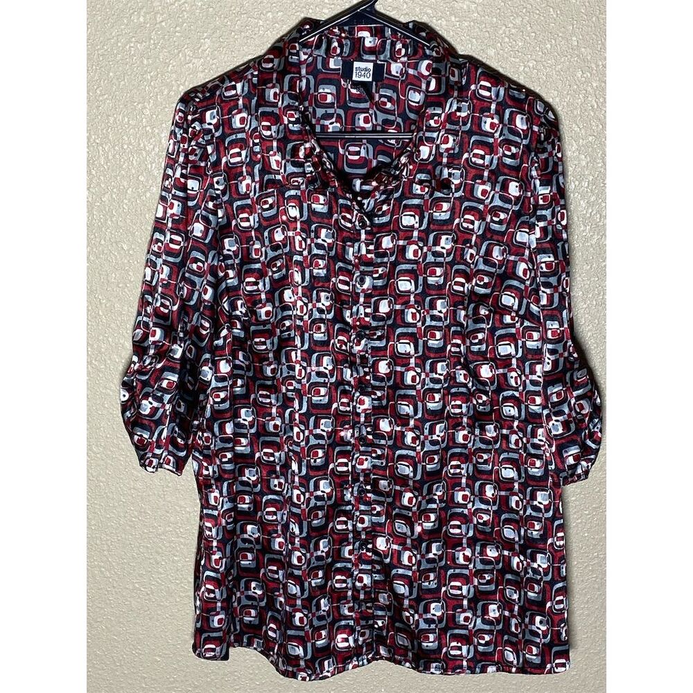 Studio‎ 1940 Women's Plus XL Red Geometric Button-Down Blouse 3/4 Sleeve